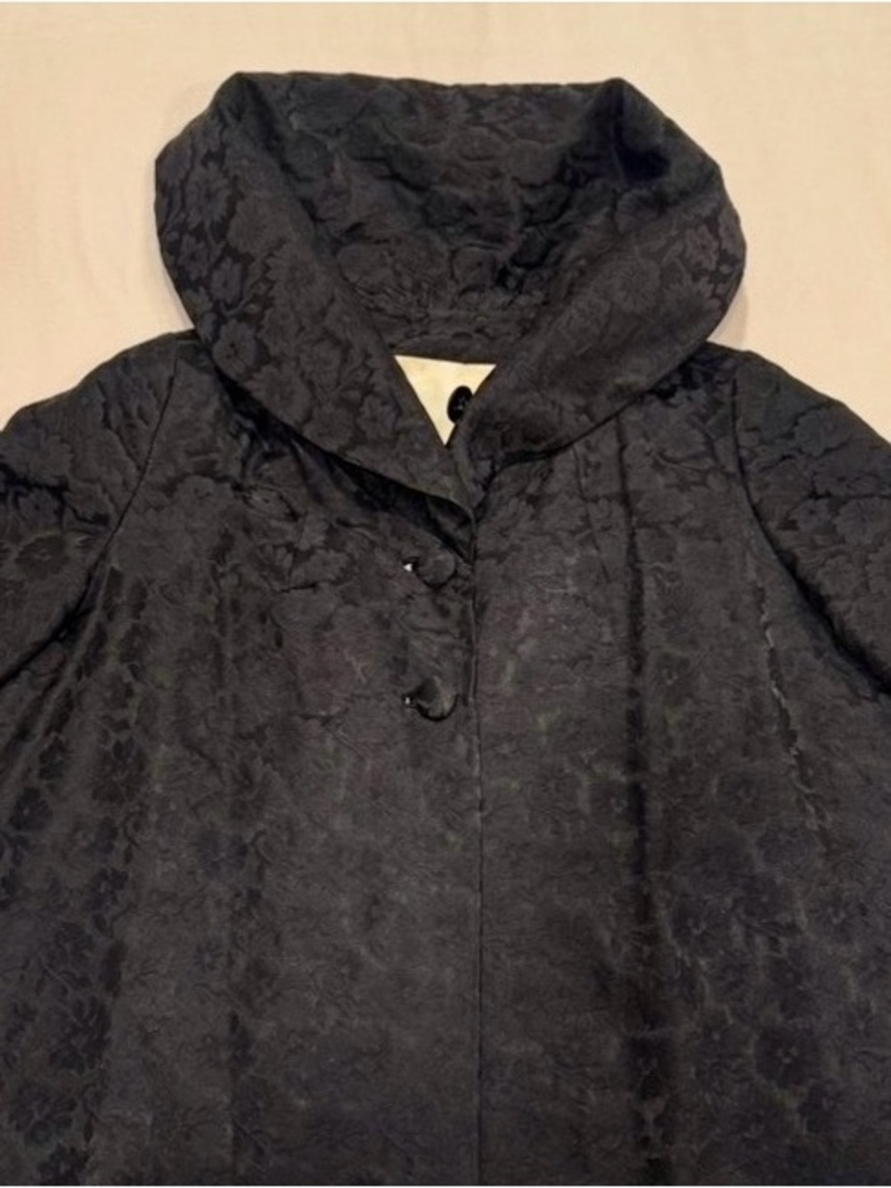 Sandra Sage Vintage 50s 60s Black Brocade Opera Swing Coat Portrait Collar